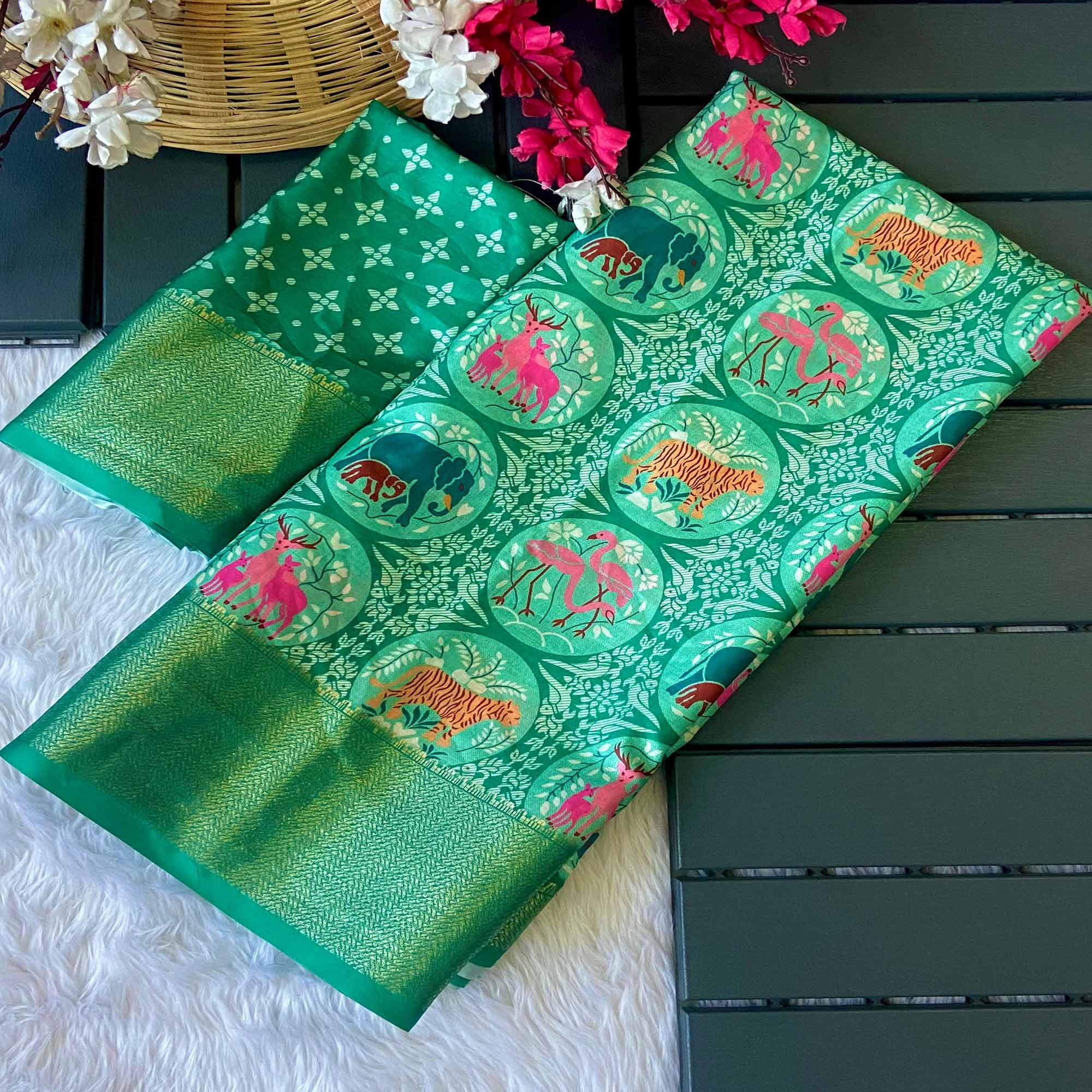 Rama Green Floral Zari Weaving Dola Silk Saree