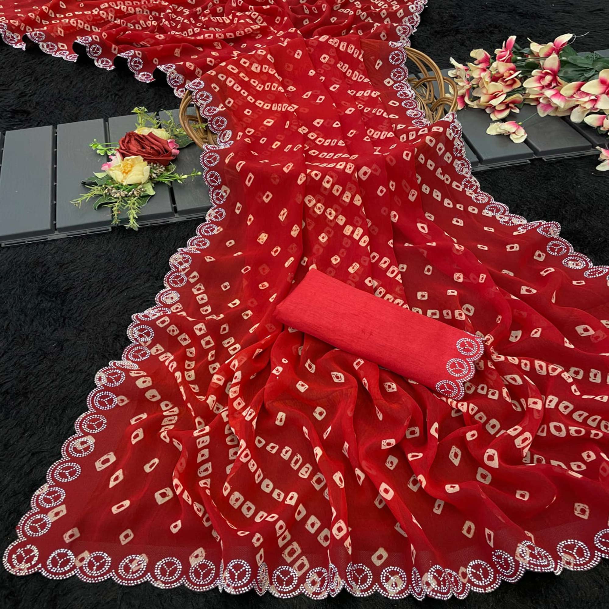 Red Bandhani Printed Georgette Saree With Stone Work Border