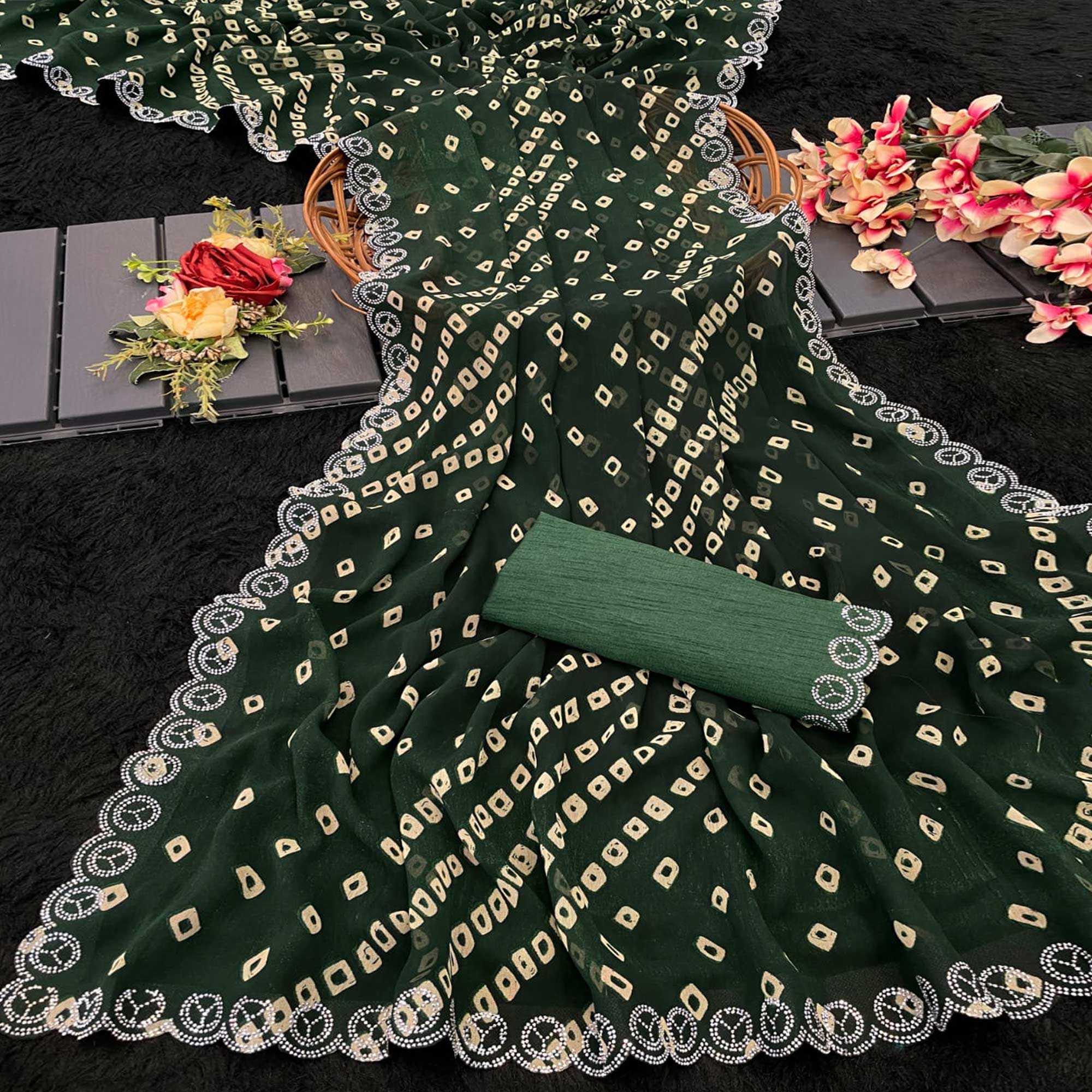 Green Bandhani Printed Georgette Saree With Stone Work Border