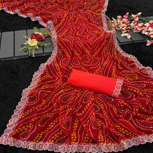 Red Bandhani Printed Georgette Saree With Stone Work Border