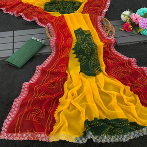 Red & Yellow Georgette Saree With Traditional Bandhani Print And Sparkling Stone Work Border