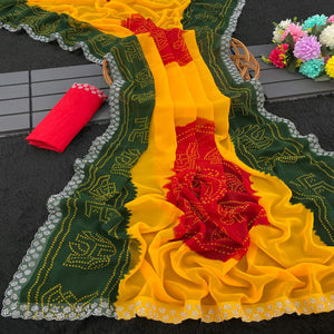Green & Yellow Georgette Saree With Traditional Bandhani Print And Sparkling Stone Work Border