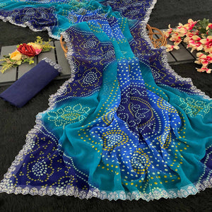 Blue Georgette Saree With Traditional Bandhani Print And Sparkling Stone Work Border