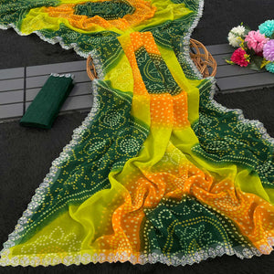 Green & Orange Georgette Saree With Traditional Bandhani Print And Sparkling Stone Work Border