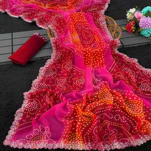 Red & Pink Georgette Saree With Traditional Bandhani Print And Sparkling Stone Work Border