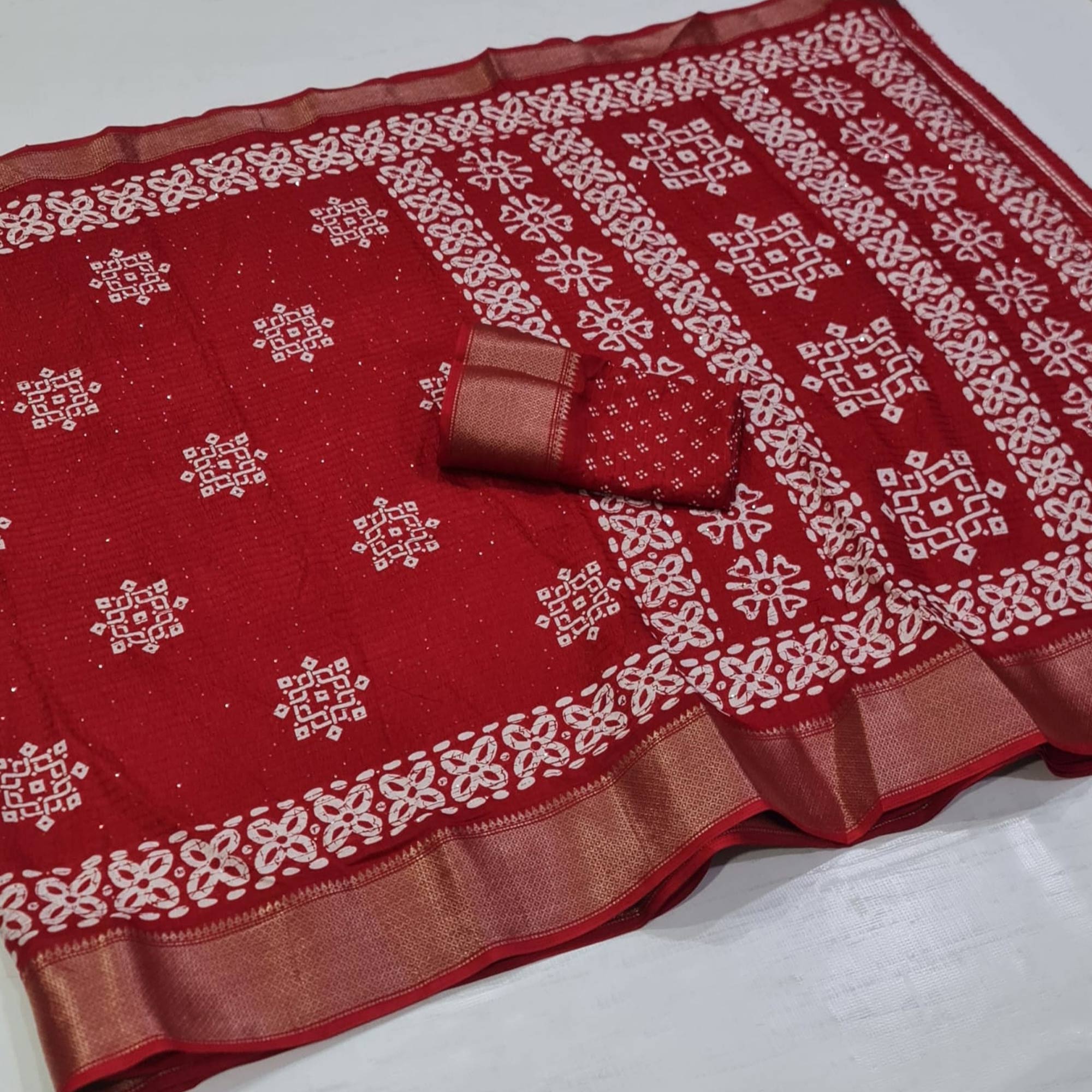 Red Printed With Sequins Work Dola Silk Saree