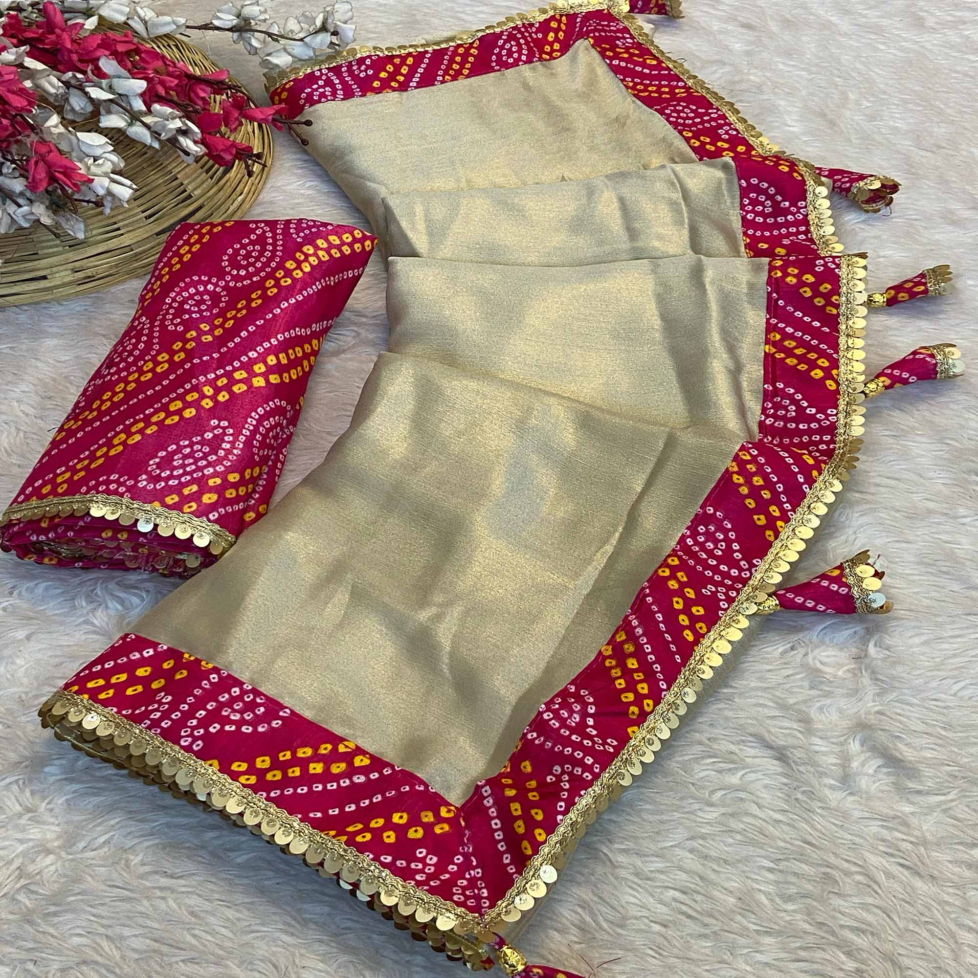 Beige & Pink Moss Chiffon Saree Featuring a Traditional Bandhani Print Border