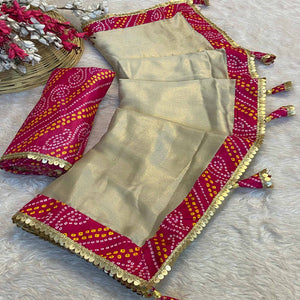 Beige & Pink Moss Chiffon Saree Featuring a Traditional Bandhani Print Border