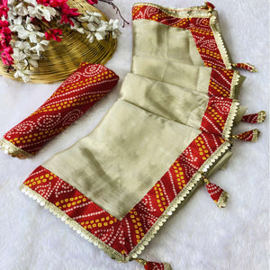 Beige & Red Moss Chiffon Saree Featuring a Traditional Bandhani Print Border