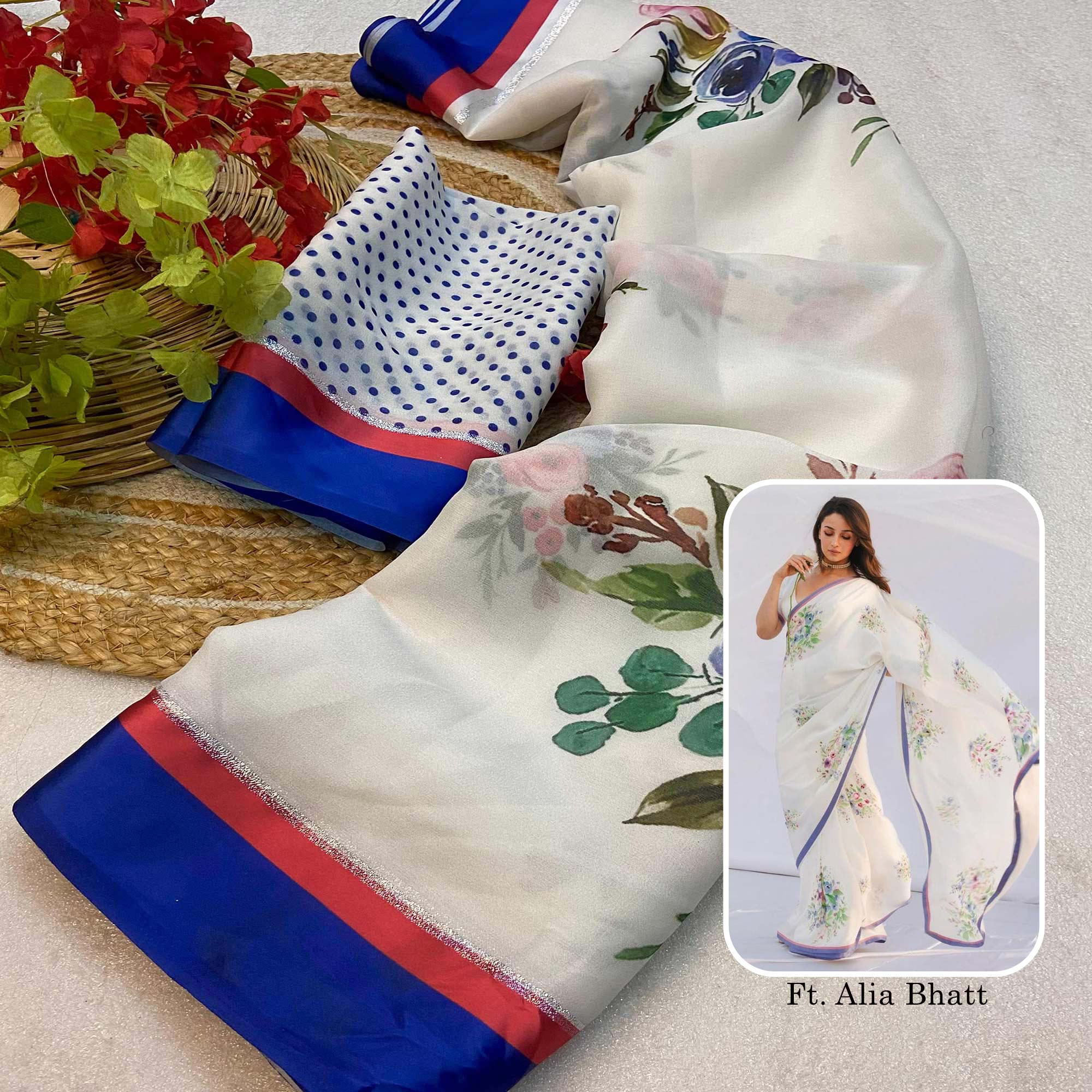 White Floral Printed Moss Chiffon Saree