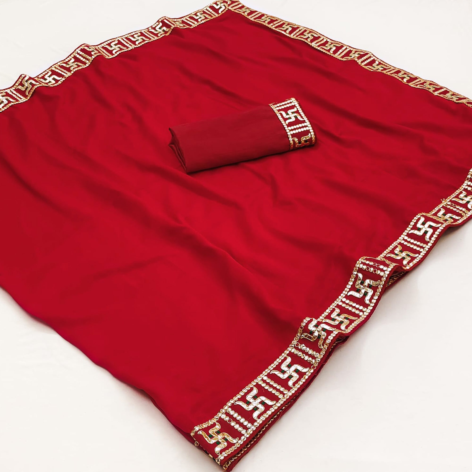 Red Solid With Embroidered Border Vichitra Silk Saree