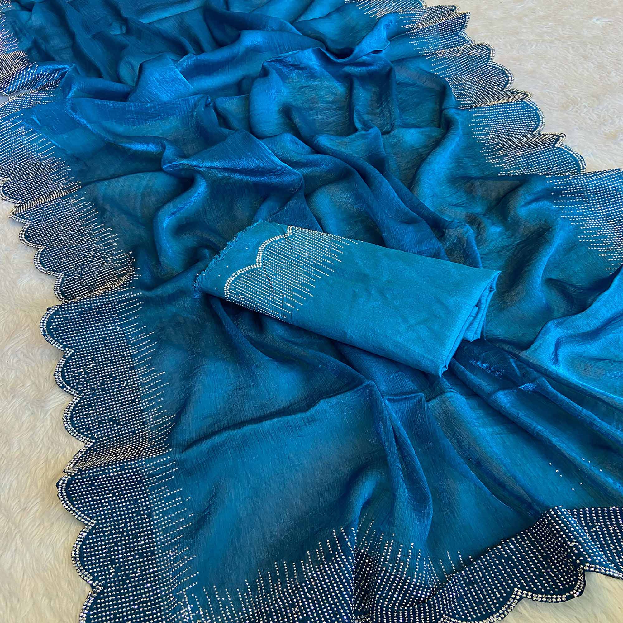 Blue Swarovski Work Rangoli Silk Art Saree