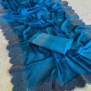 Blue Swarovski Work Rangoli Silk Art Saree