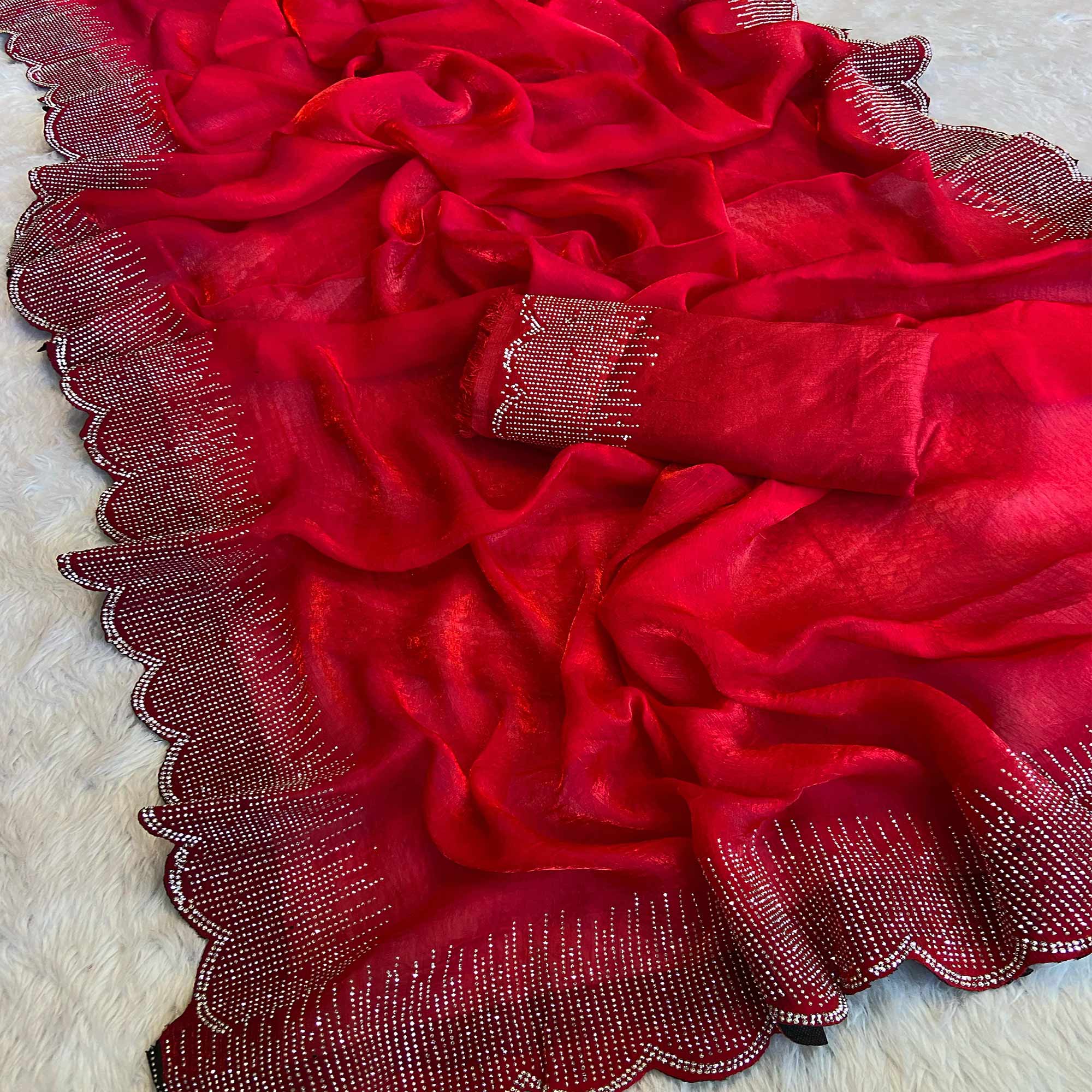 Red Swarovski Work Rangoli Silk Art Saree