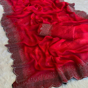 Red Swarovski Work Rangoli Silk Art Saree