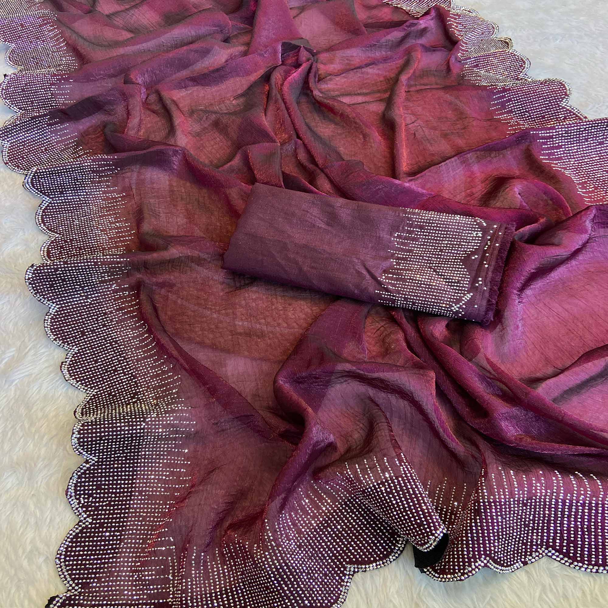 Wine Swarovski Work Rangoli Silk Art Saree