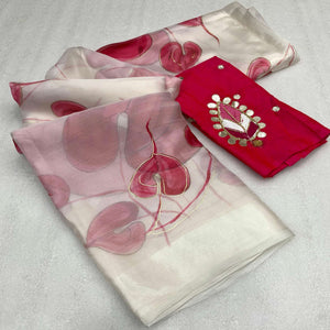 White & Pink Floral Foil Printed Organza Saree