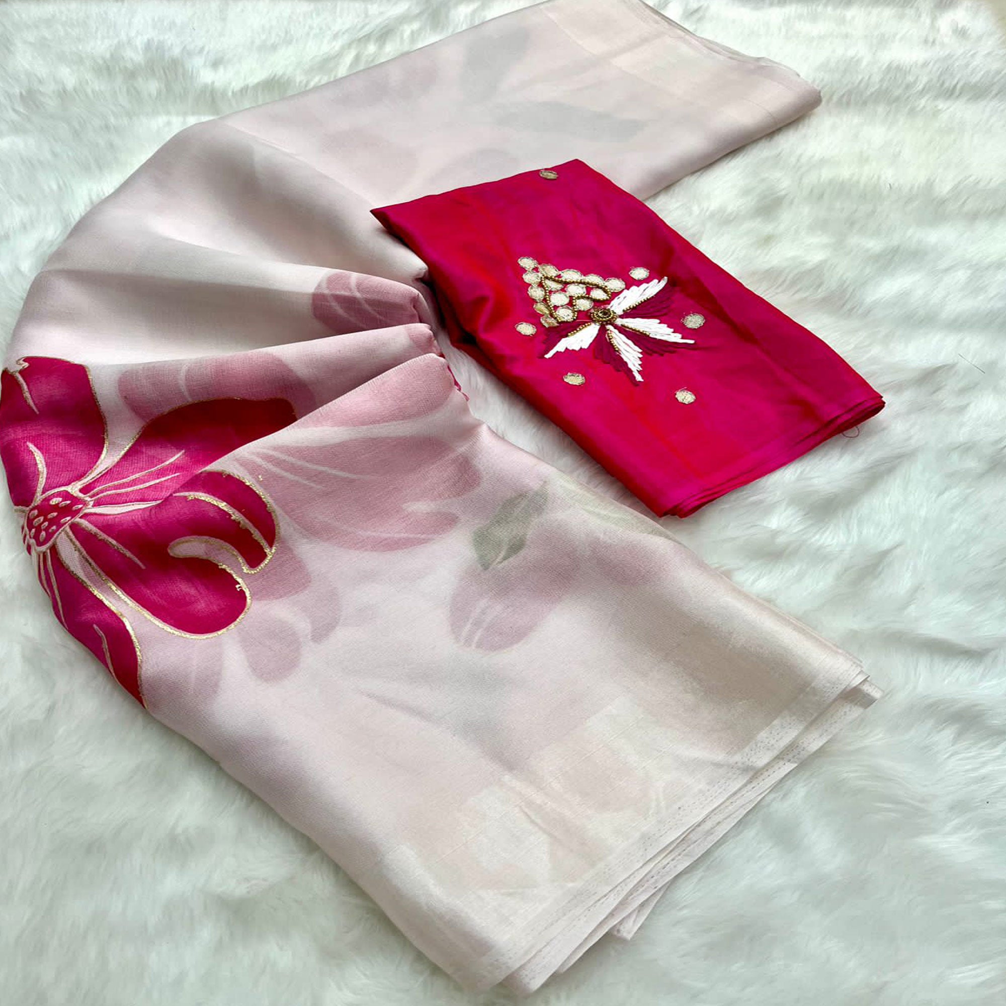 White Floral Foil Printed Organza Saree