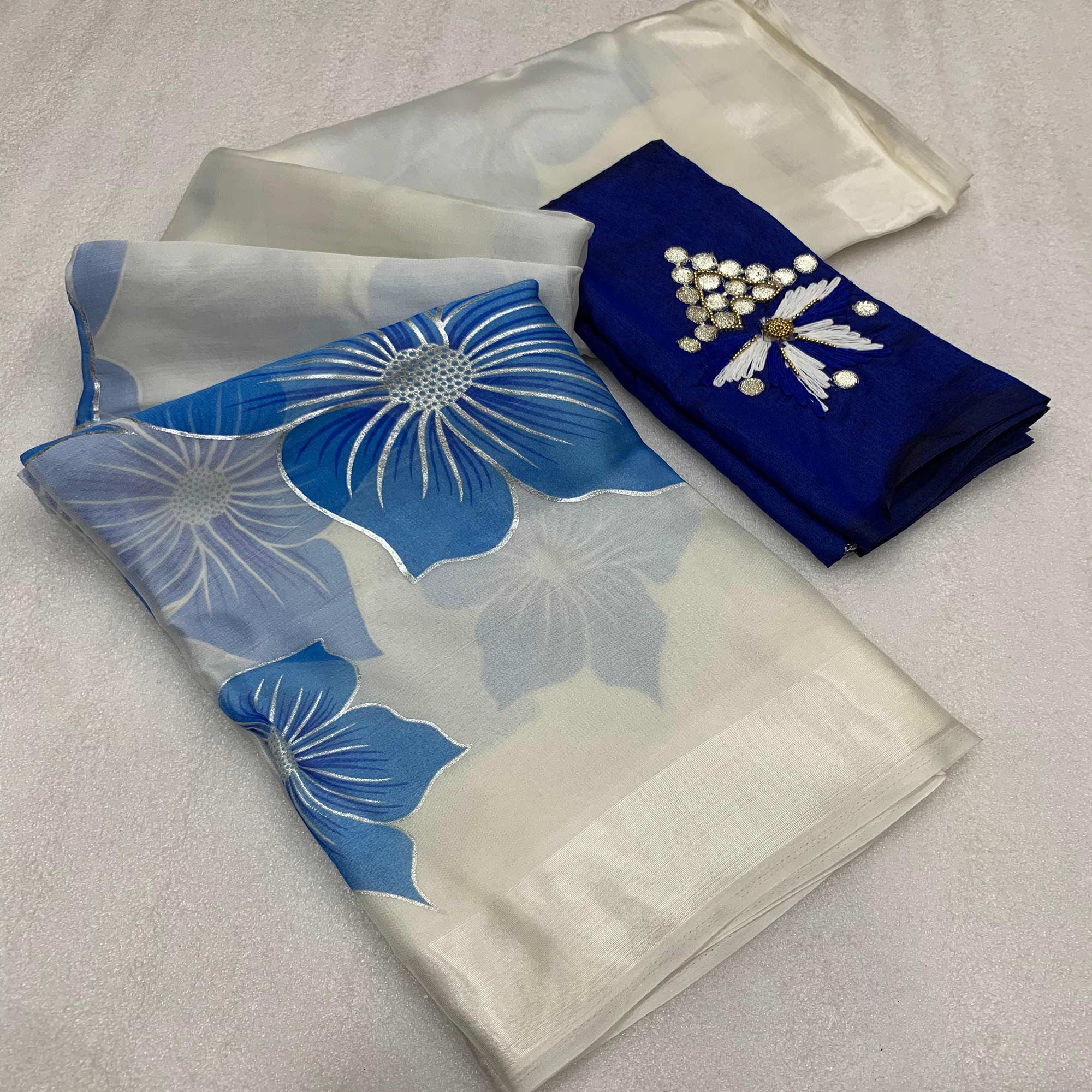 White & Blue Floral Foil Printed Organza Saree