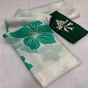 White & Green Floral Foil Printed Organza Saree
