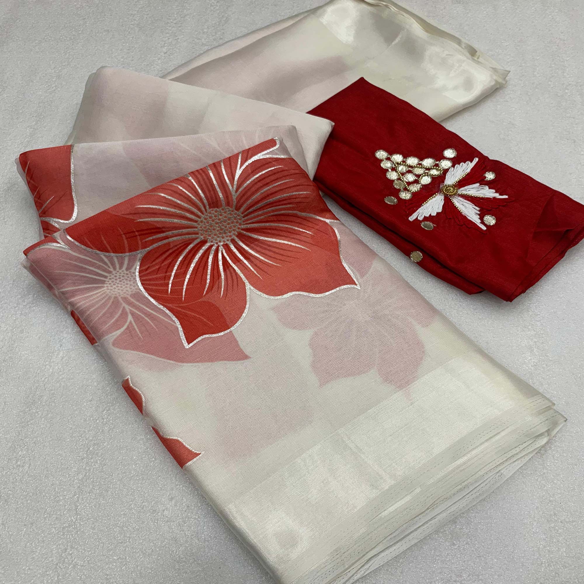 White & Red Floral Foil Printed Organza Saree