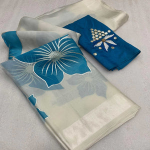 White & Sky Blue Floral Foil Printed Organza Saree