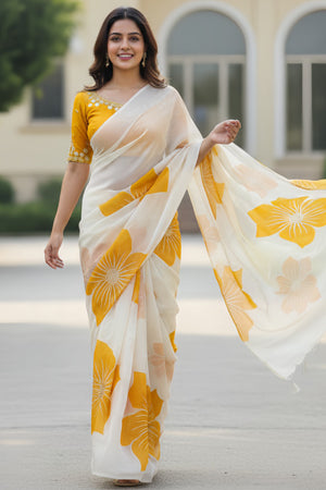 White & Yellow Organza Saree Featuring Delicate Floral Foil Prints