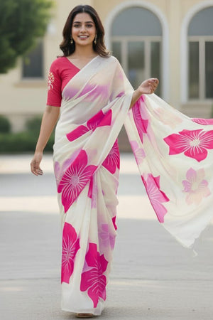 White & Pink Organza Saree Featuring Delicate Floral Foil Prints