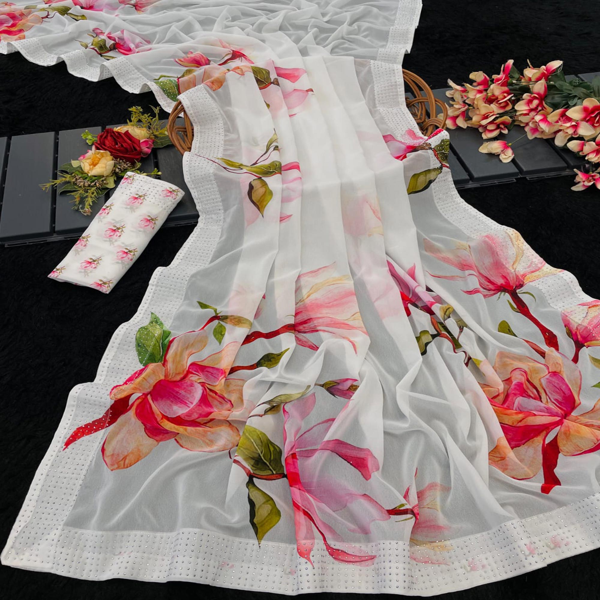 White Floral Printed Georgette Saree