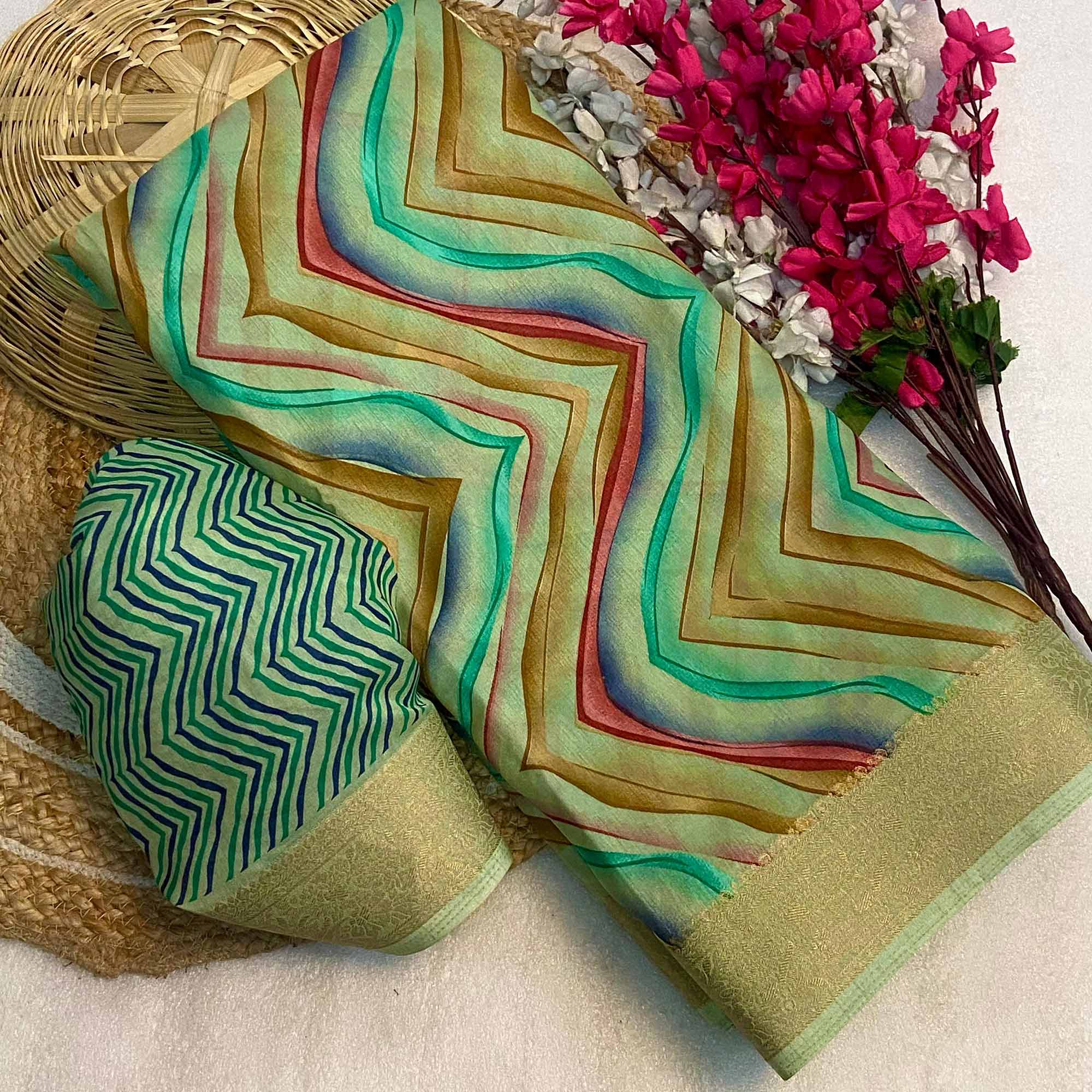 Green Zig Zag Printed Dola Silk Saree With Woven Border