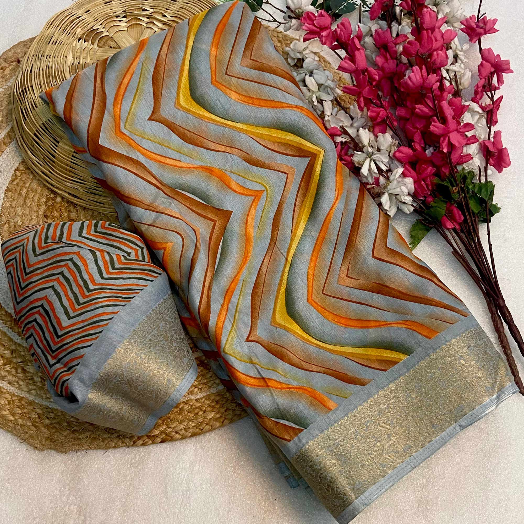 Grey Zig Zag Printed Dola Silk Saree With Woven Border