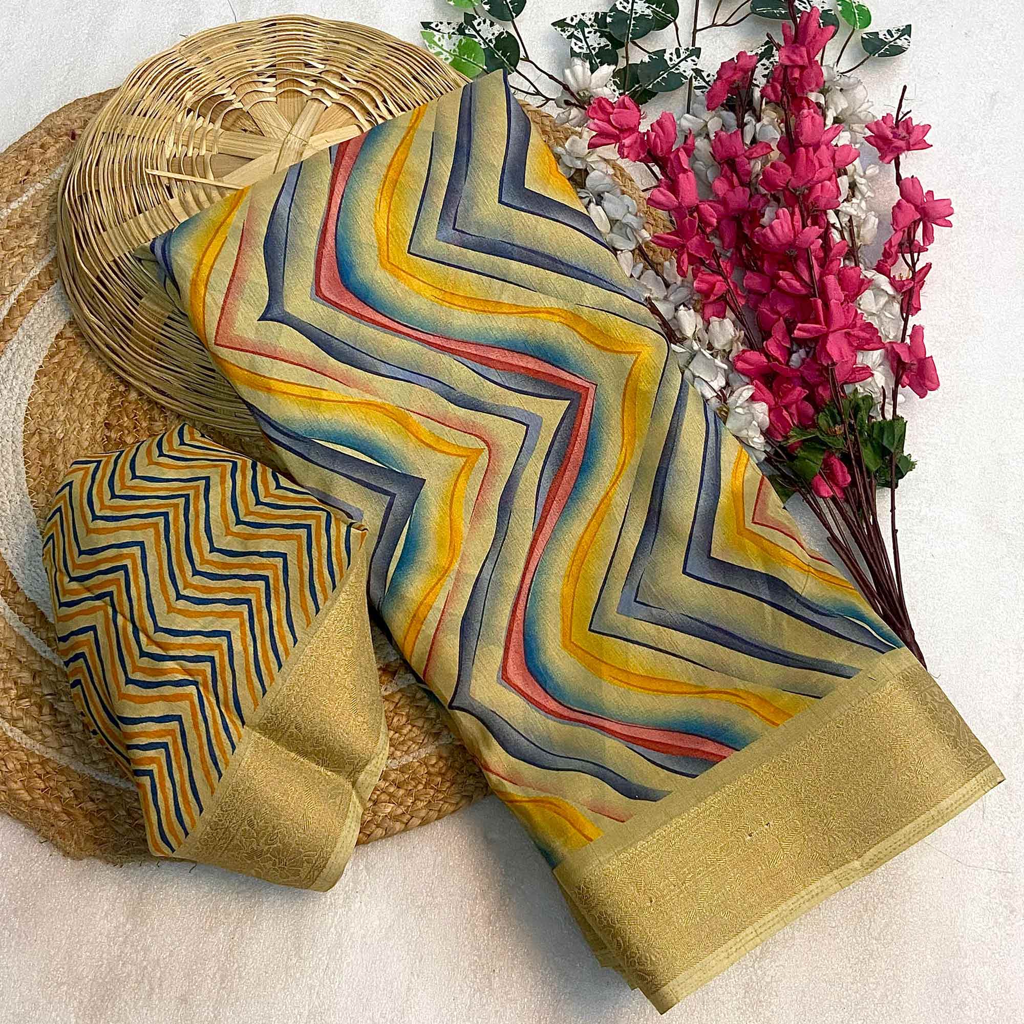 Mustard Zig Zag Printed Dola Silk Saree With Woven Border