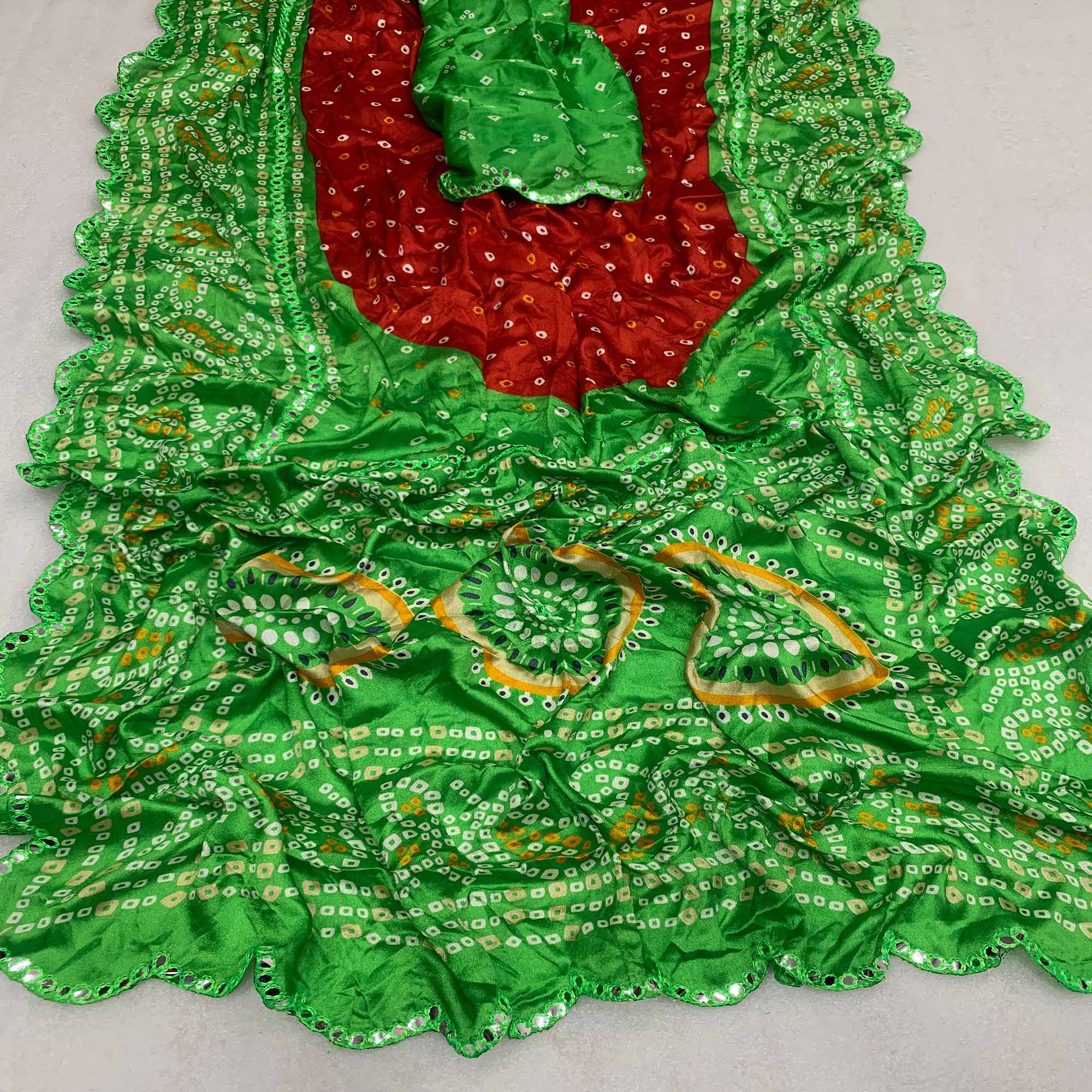 Red & Green Bandhani Printed Chiffon Saree With Mirror Border