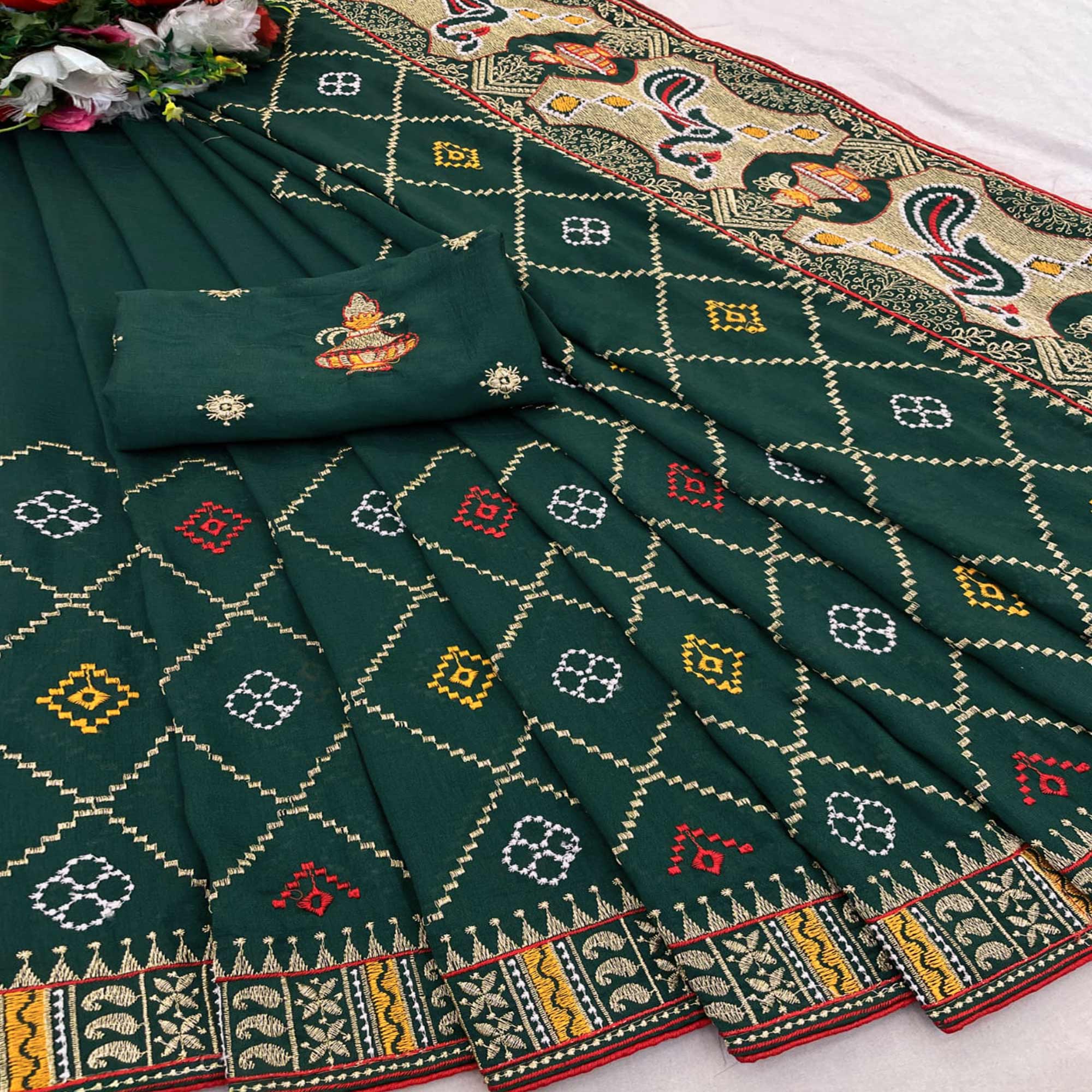 Bottle Green Embroidered Vichitra Silk Saree