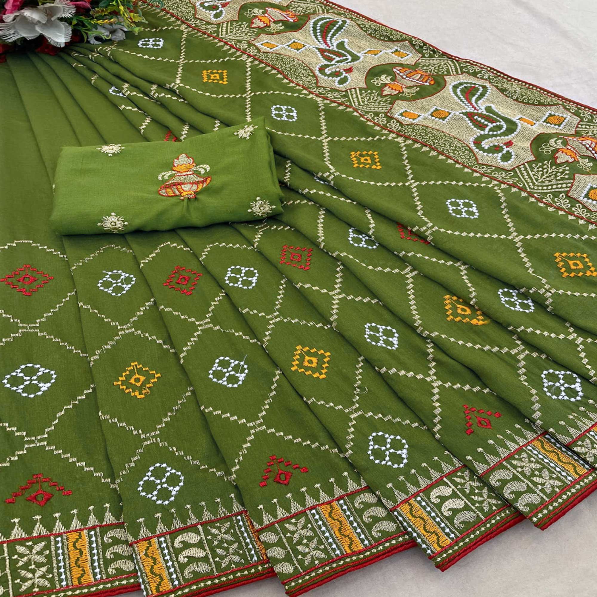 Green Embroidered Vichitra Silk Saree