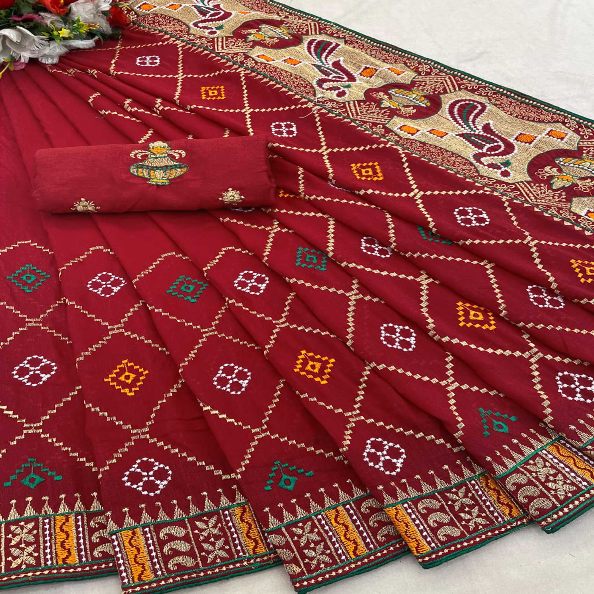 Maroon Embroidered Vichitra Silk Saree