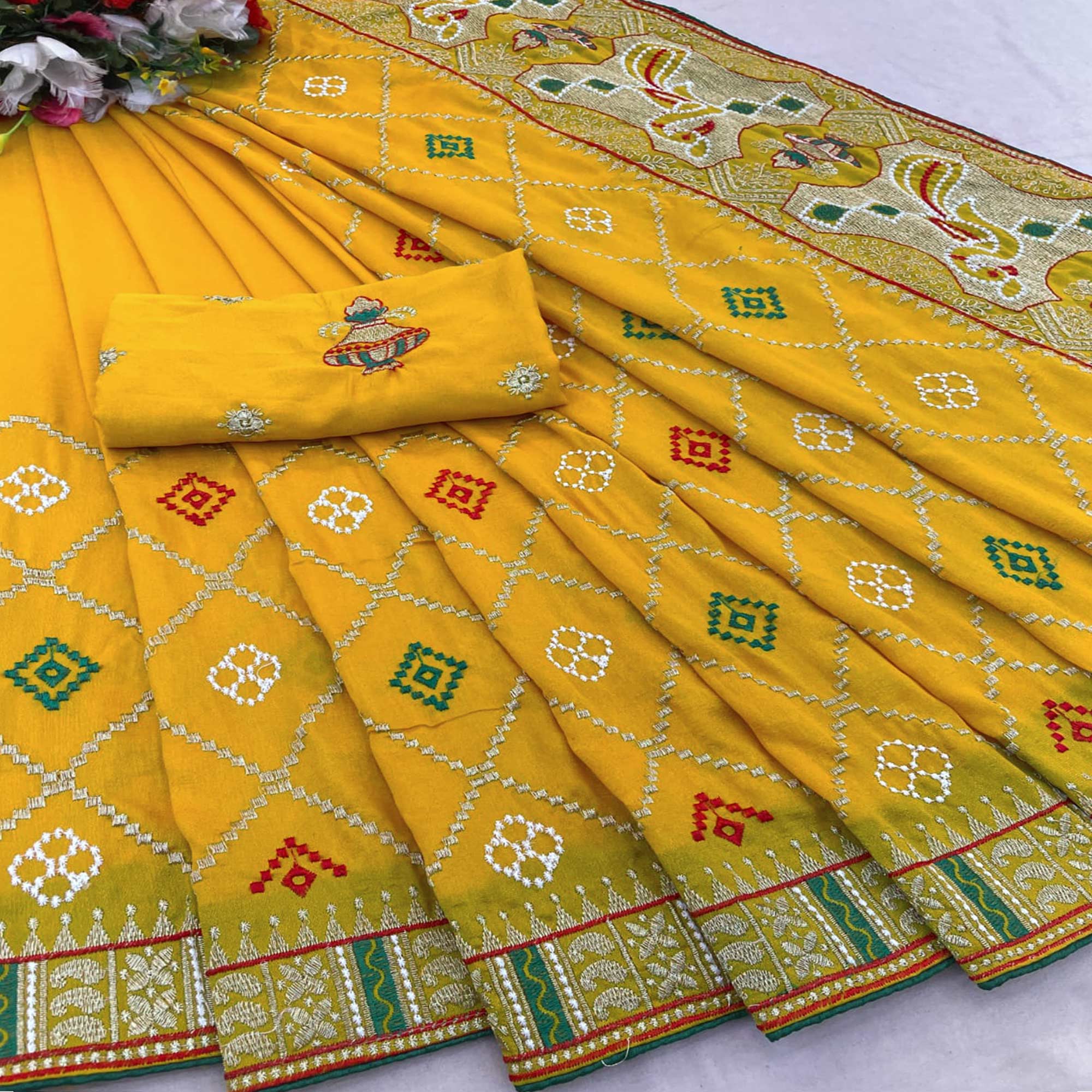 Mustard Embroidered Vichitra Silk Saree