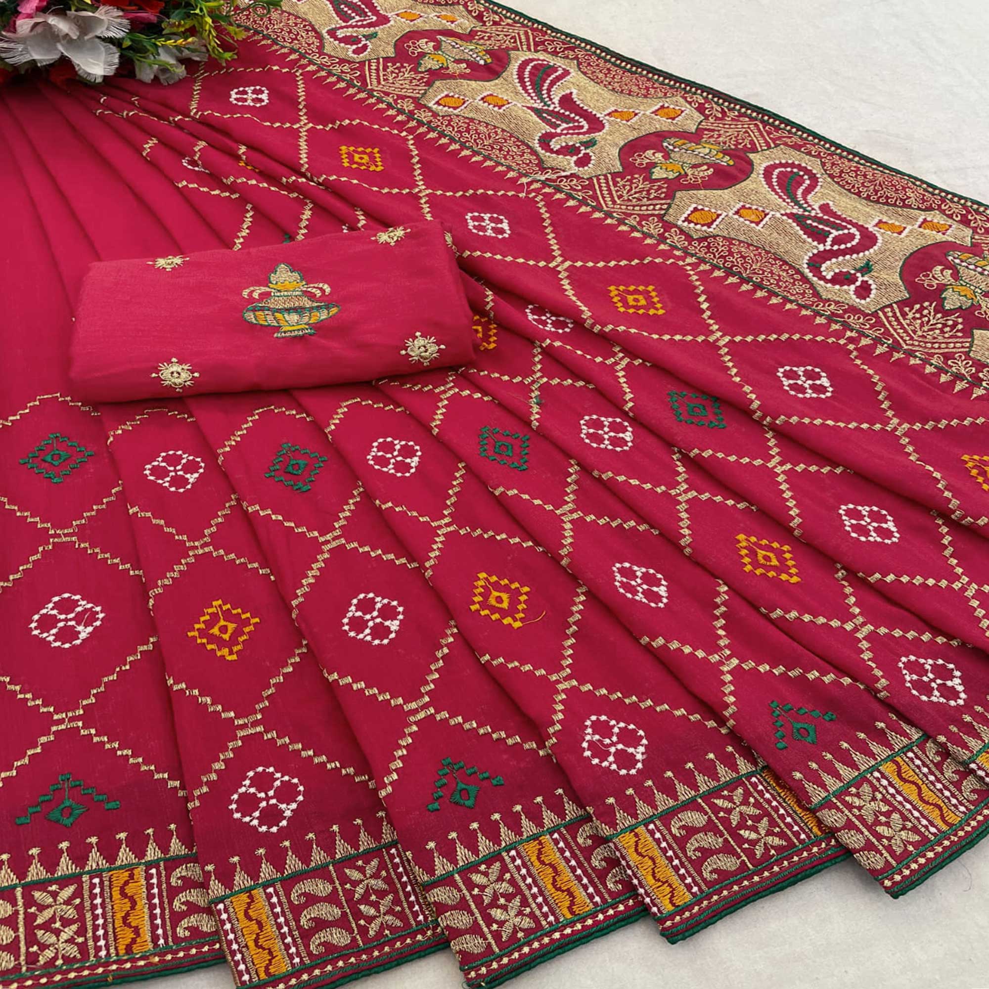 Pink Embroidered Vichitra Silk Saree