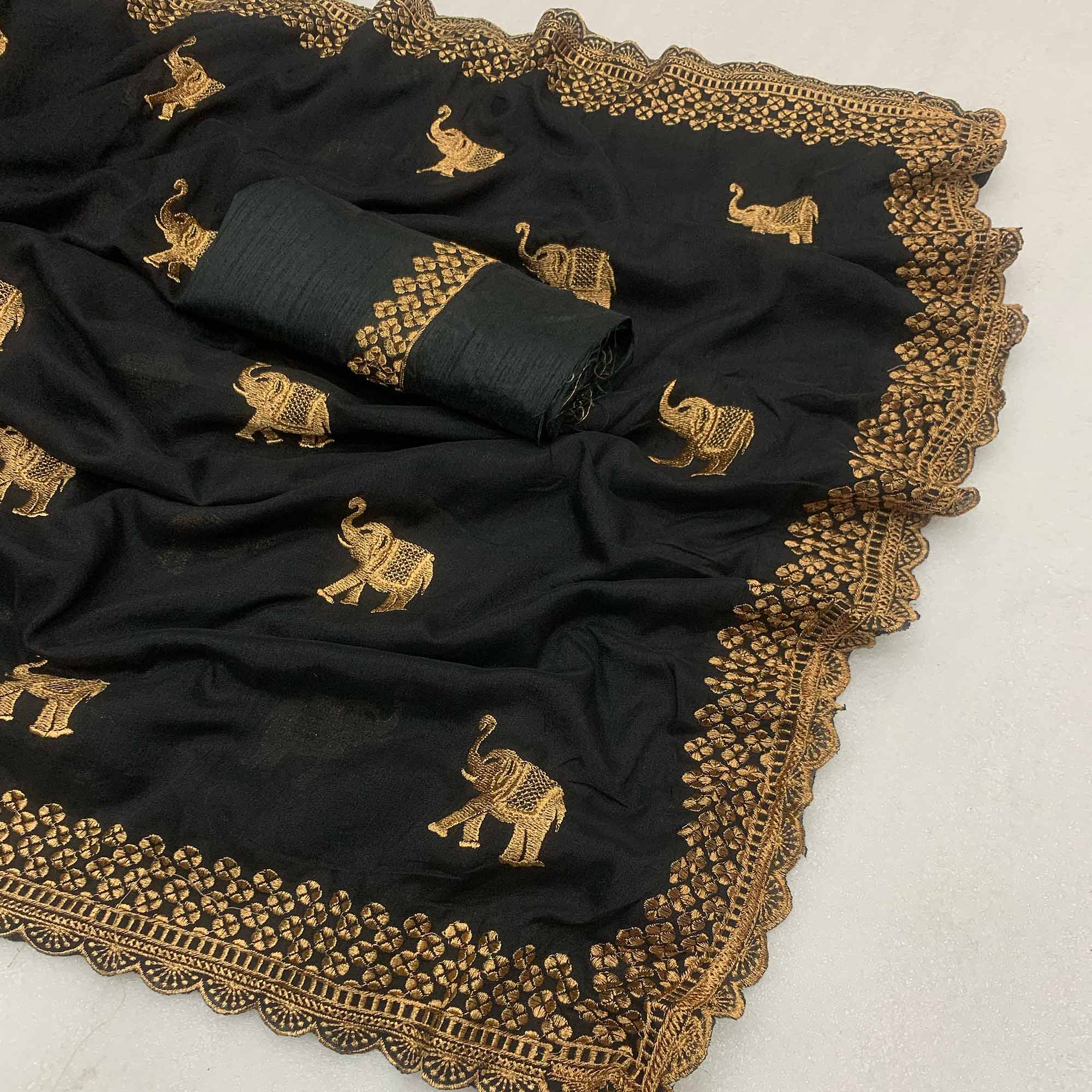 Black Embroidered Vichitra Silk Saree