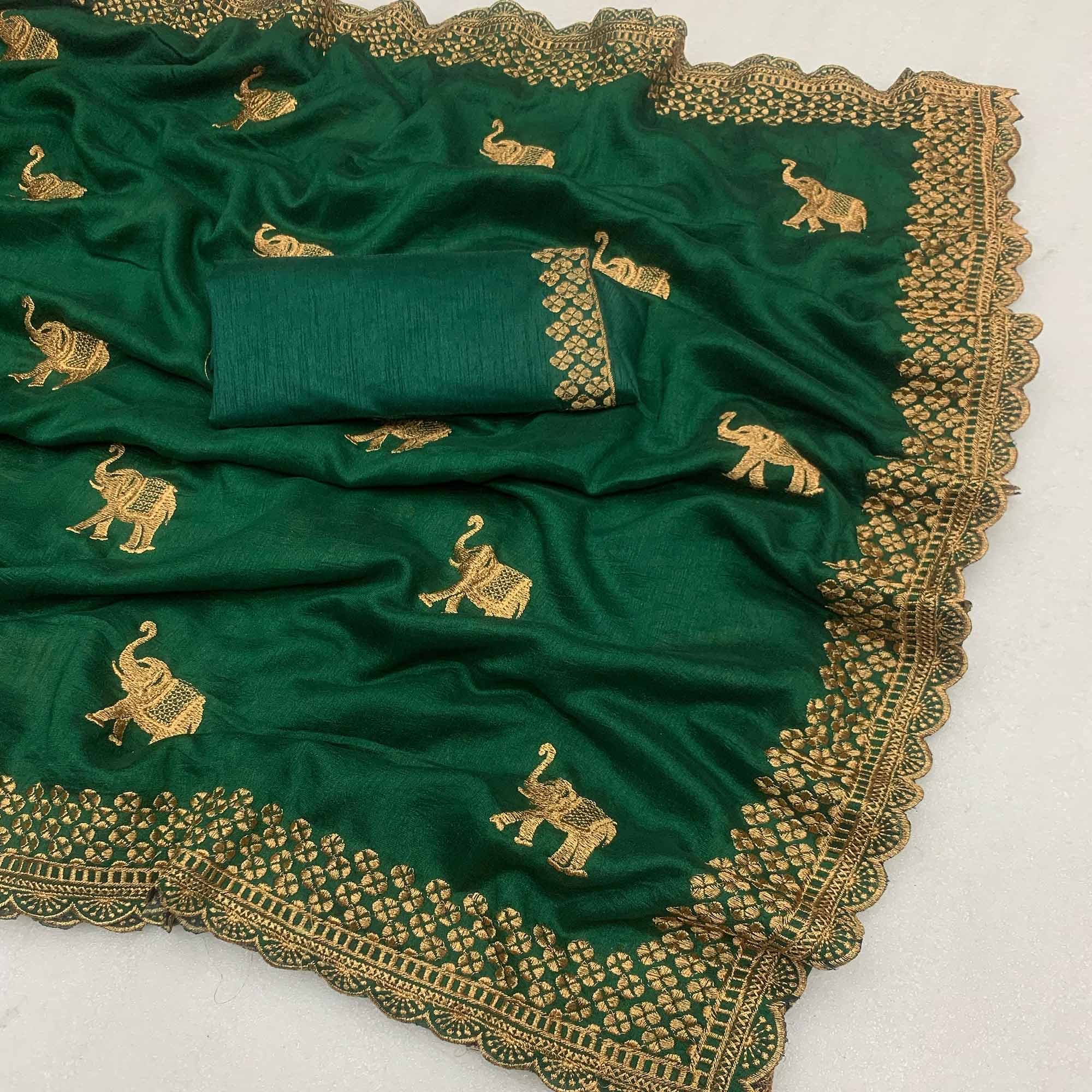 Green Embroidered Vichitra Silk Saree