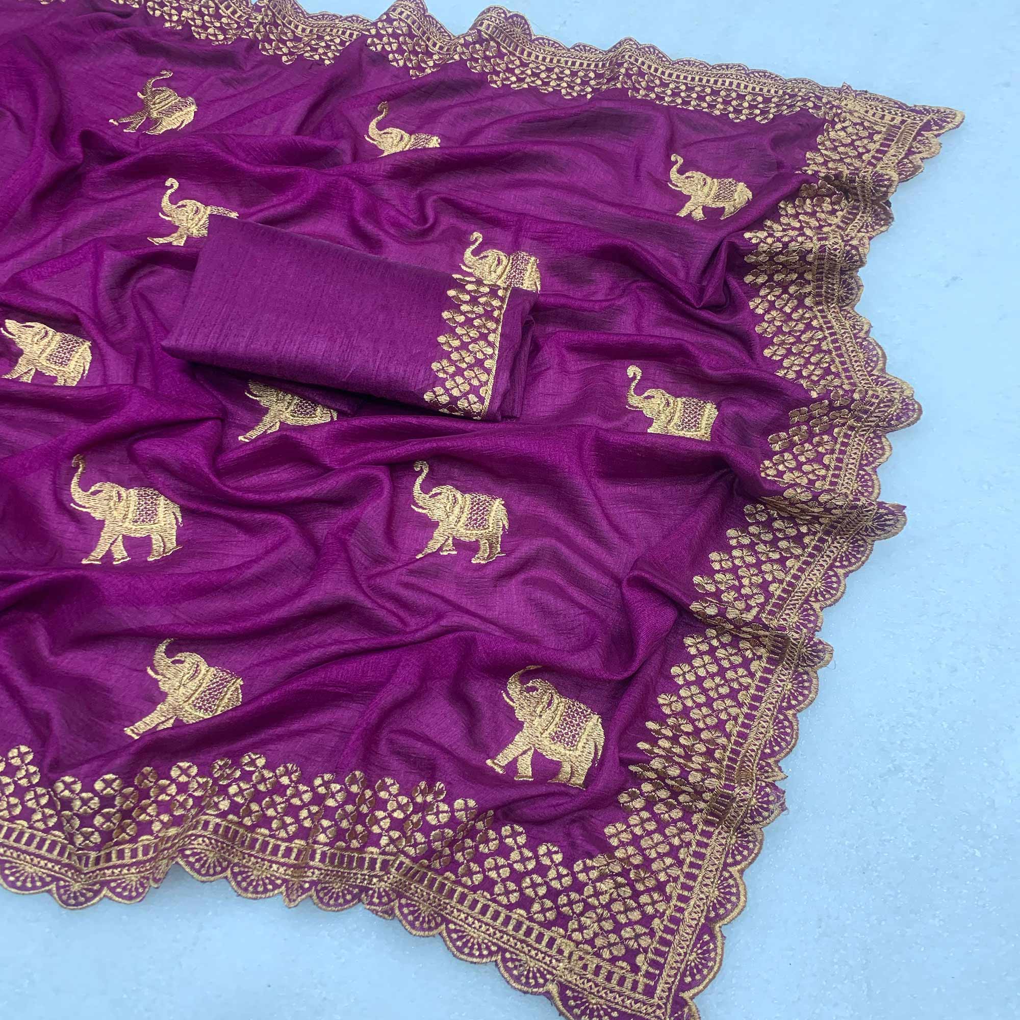 Purple Embroidered Vichitra Silk Saree