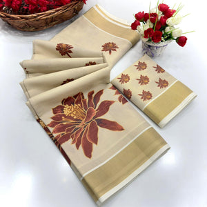 Chikoo Floral Mill Print Cotton Silk Saree Enhanced With Premium Zari Weaving Border Work
