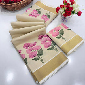 Chikoo Floral Mill Printed Cotton Silk Saree Accented With Heritage Zari Weaving Border Work