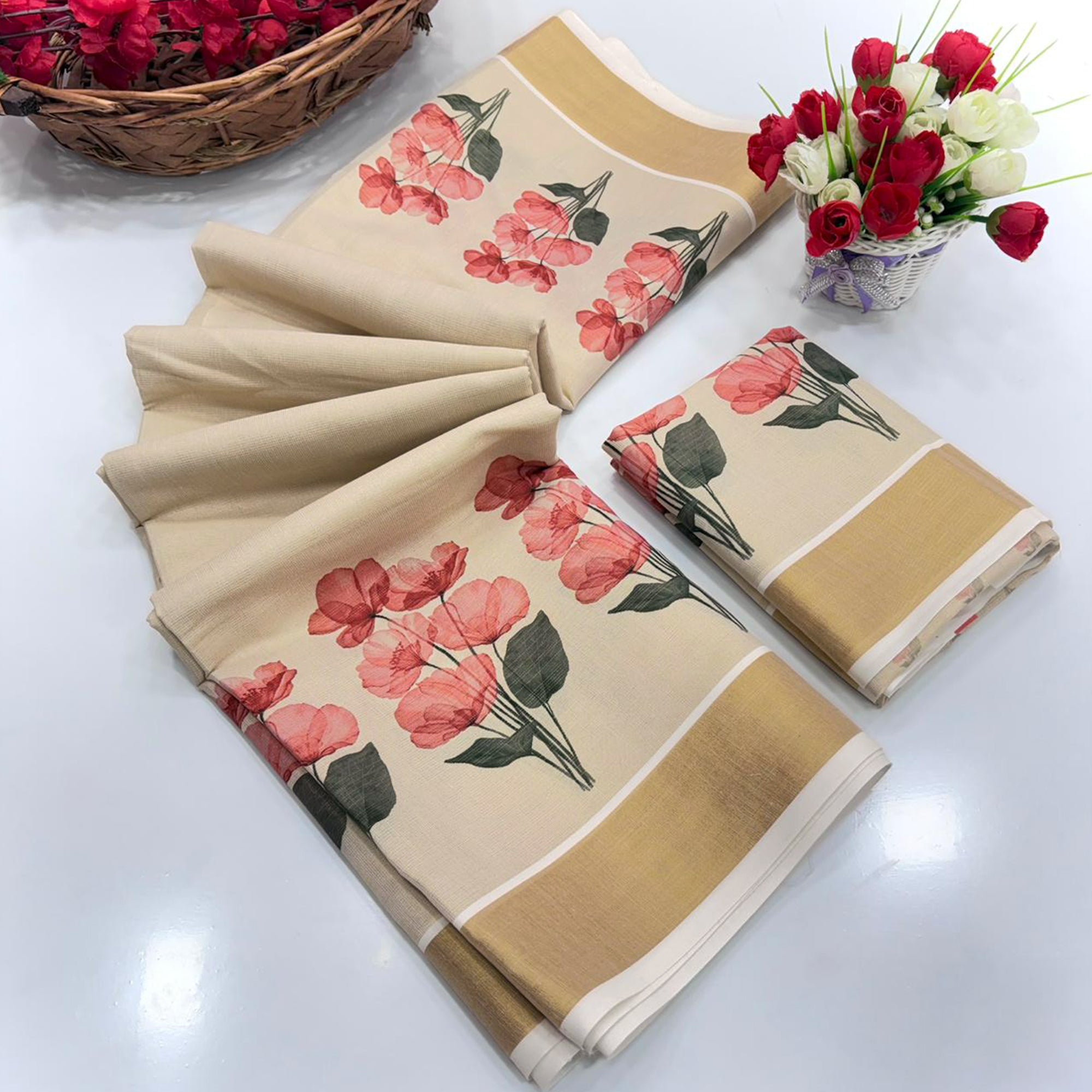 Chikoo Floral Mill Print Cotton Silk Saree Finished With Opulent Zari Weaving Border Work