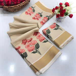 Chikoo Floral Mill Print Cotton Silk Saree Finished With Opulent Zari Weaving Border Work