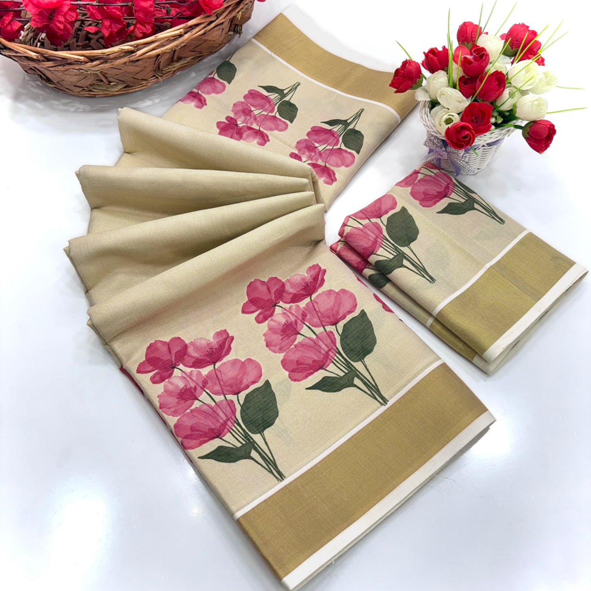 Chikoo Floral Mill Printed Cotton Silk Saree With Handcrafted Zari Weaving Border Work