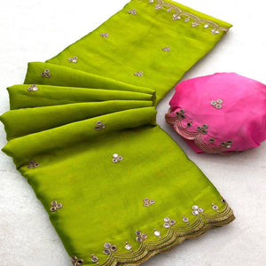 Green Mirror Embroidery Work Georgette Saree