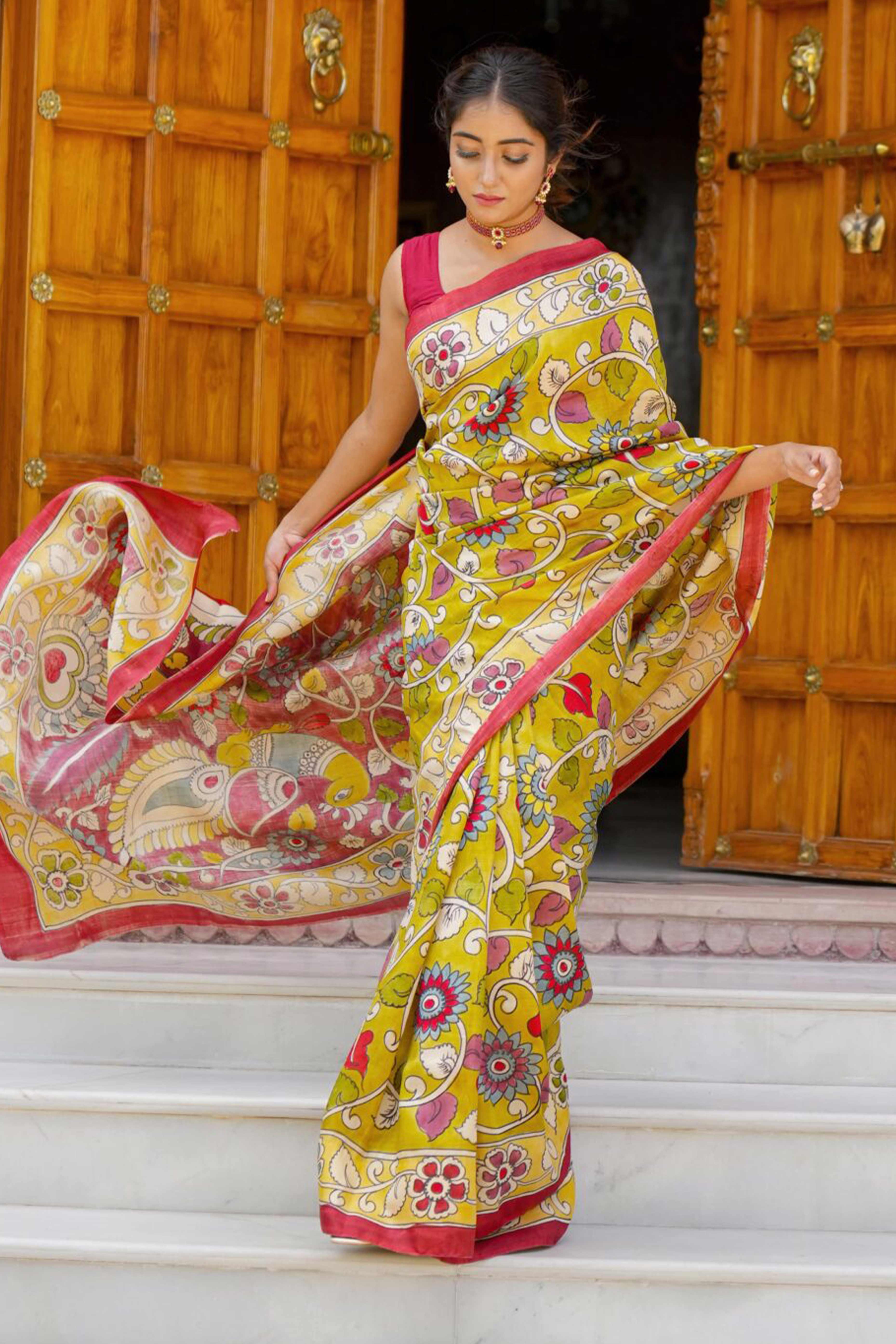 Mustard Kalamkari Printed Linen Saree