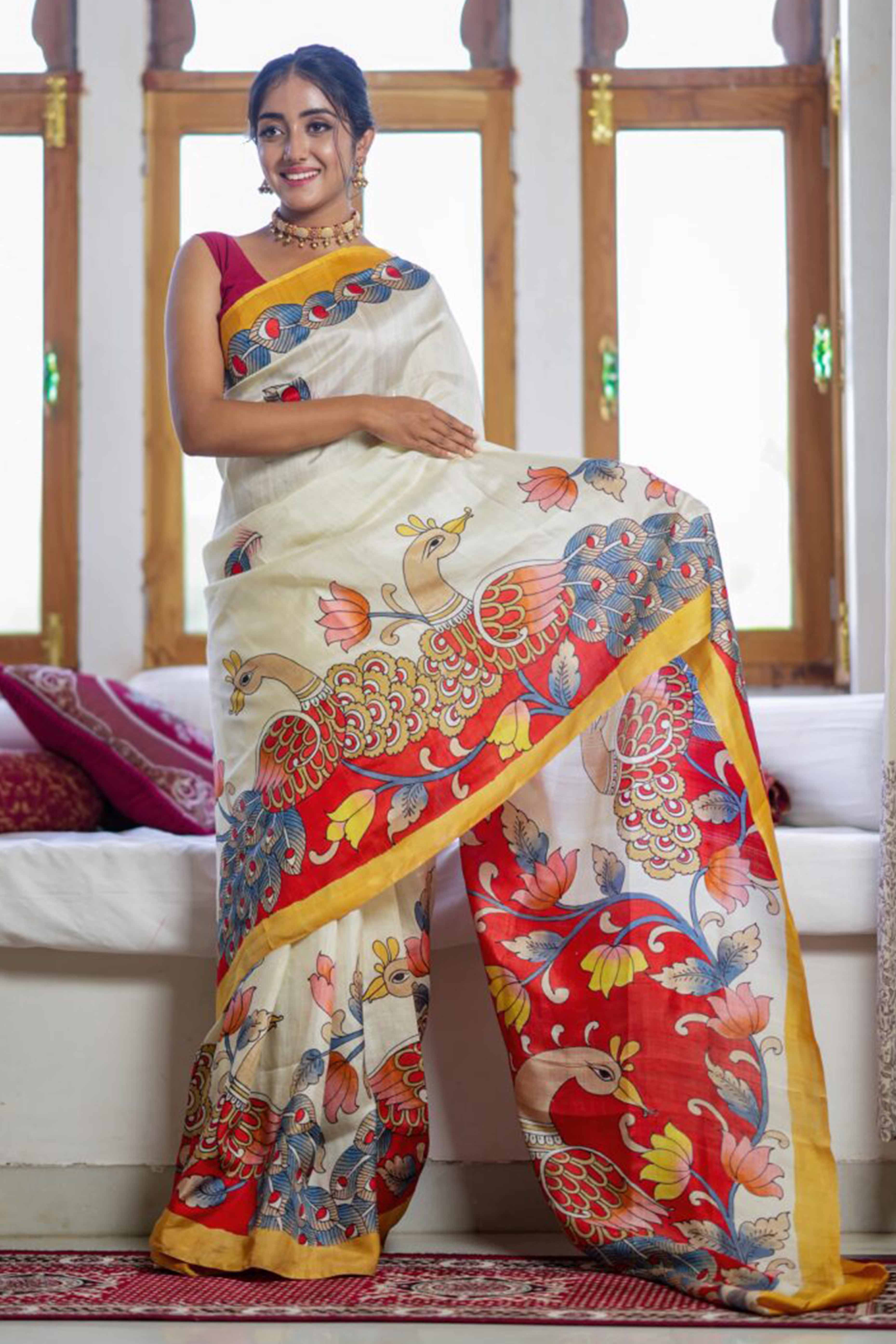 Off White Kalamkari Printed Linen Saree