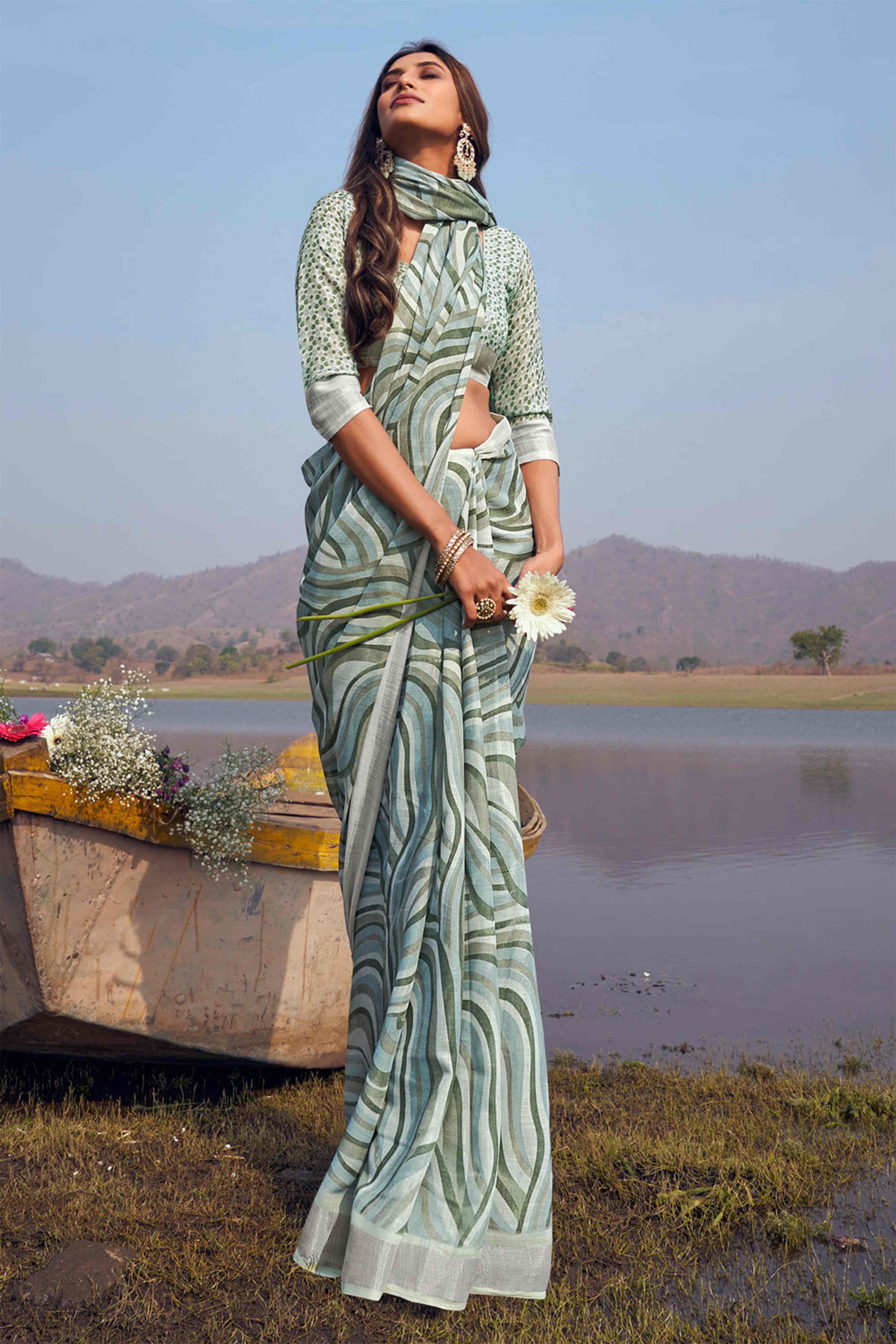 Sea Green Striped Printed Linen Saree